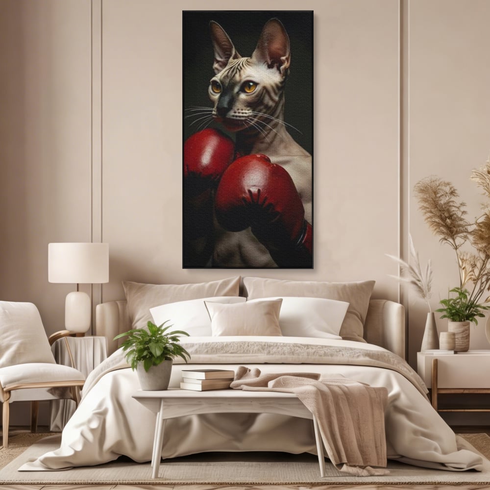 Tablou canvas cu tablou canvas cu motan sphynx boxer, in rama de aluminiu negru, pe perete intr-un dormitor